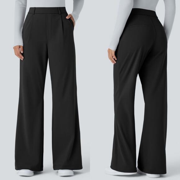 Halara Pants Womens Large Petite Black Flex High Waist Pocket Work Flare Stretch - Picture 1 of 11